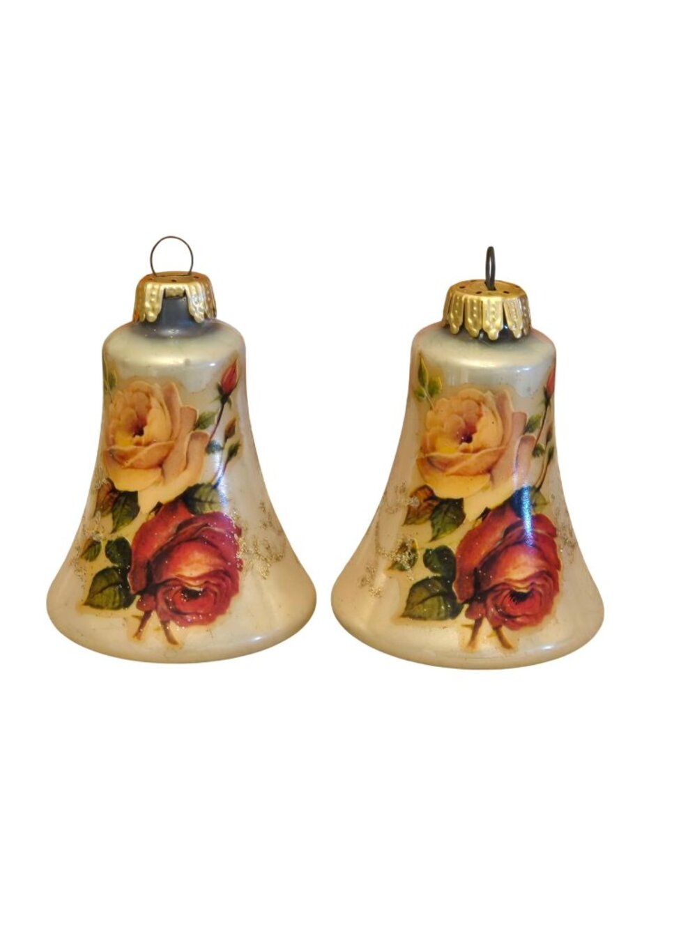 Vintage West Germany Glass Bell Christmas Ornaments With Floral Design Glitter S